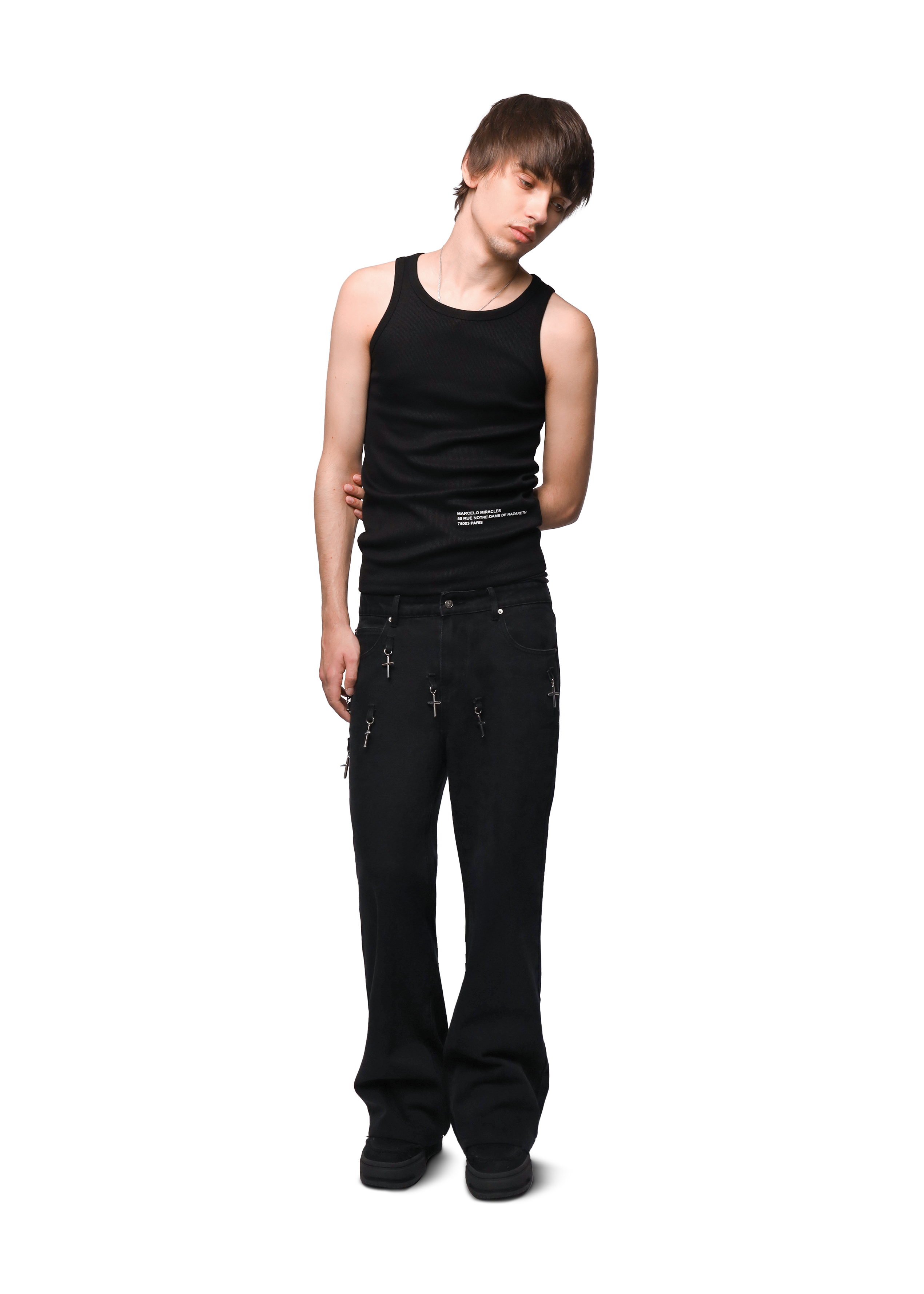 FLARED CROSS CHARM DENIM in BLACK