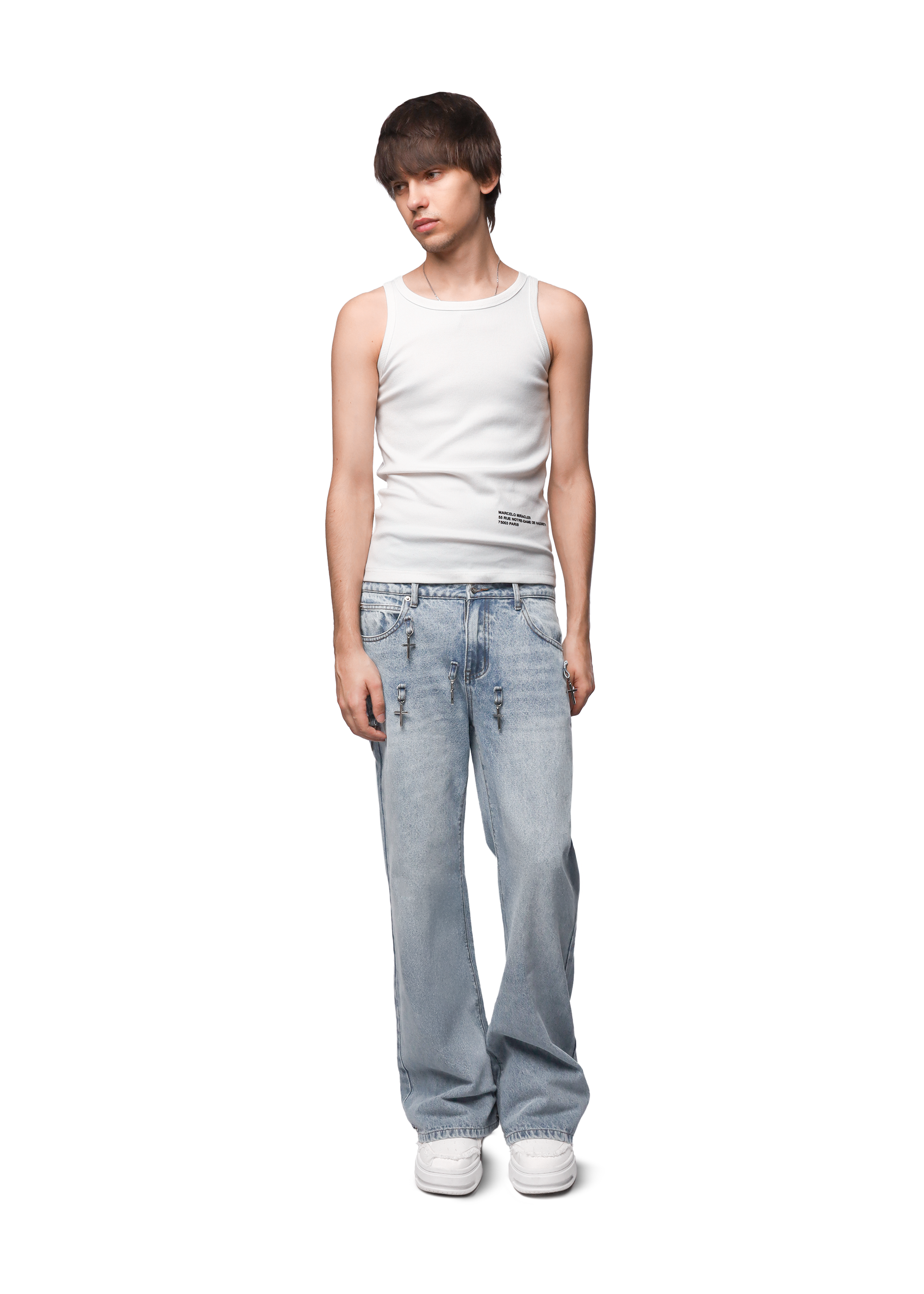 FLARED CROSS CHARM DENIM in BLUE