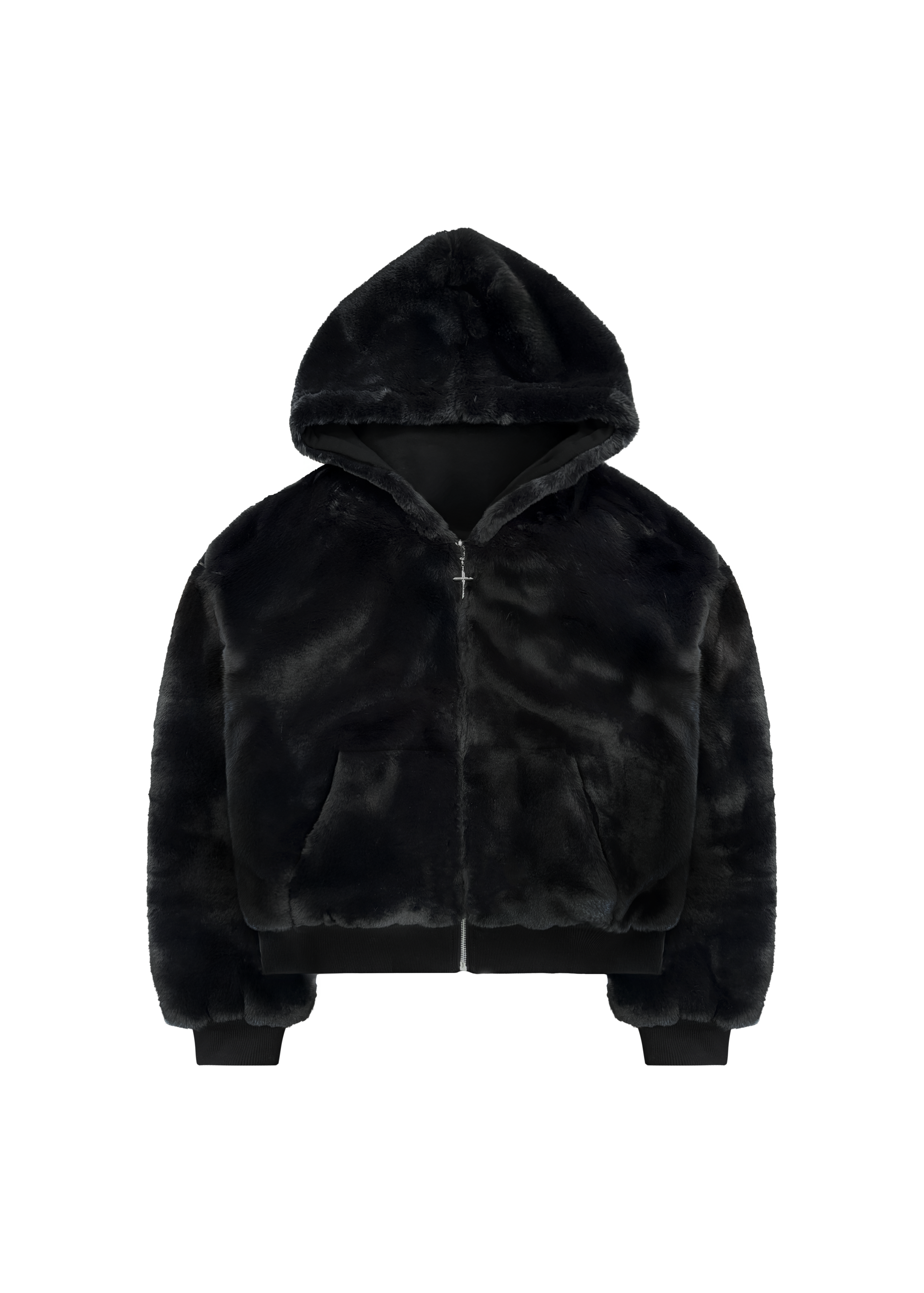 REVERSIBLE FUR ZIP HOODIE in BLACK