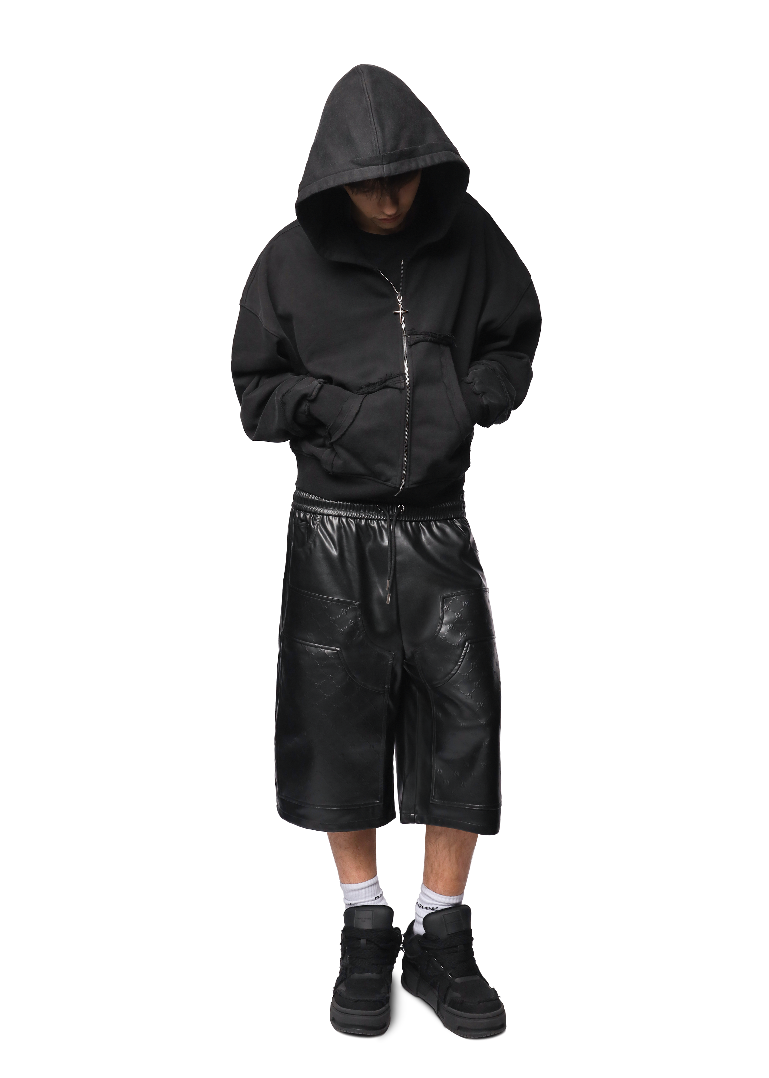 MONOGRAM LEATHER SHORTS in BLACK