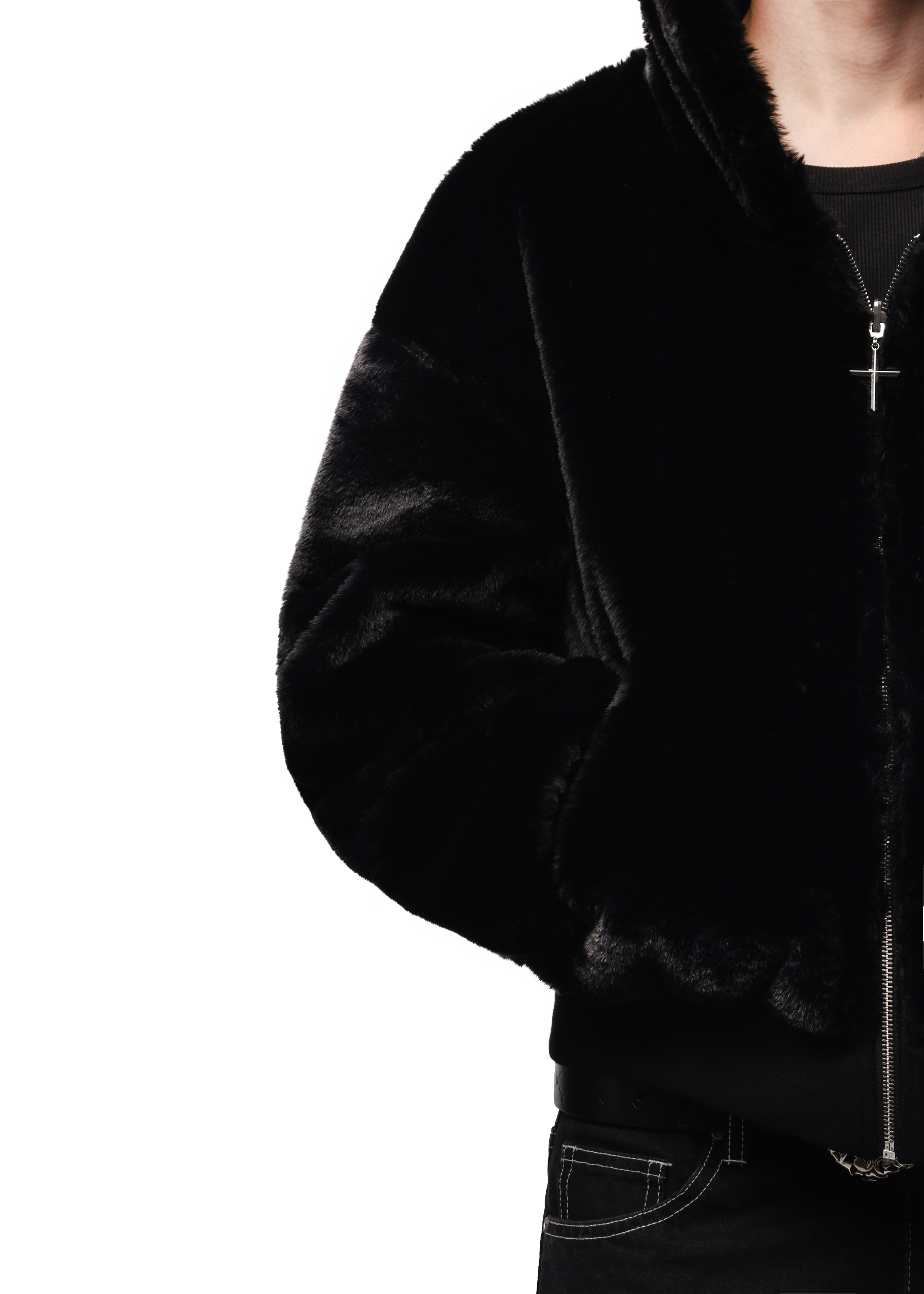 REVERSIBLE FUR ZIP HOODIE in BLACK