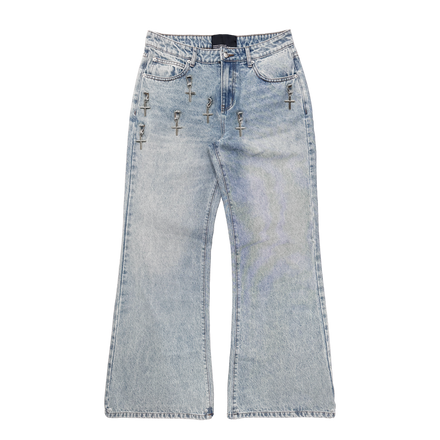 FLARED CROSS CHARM DENIM in BLUE