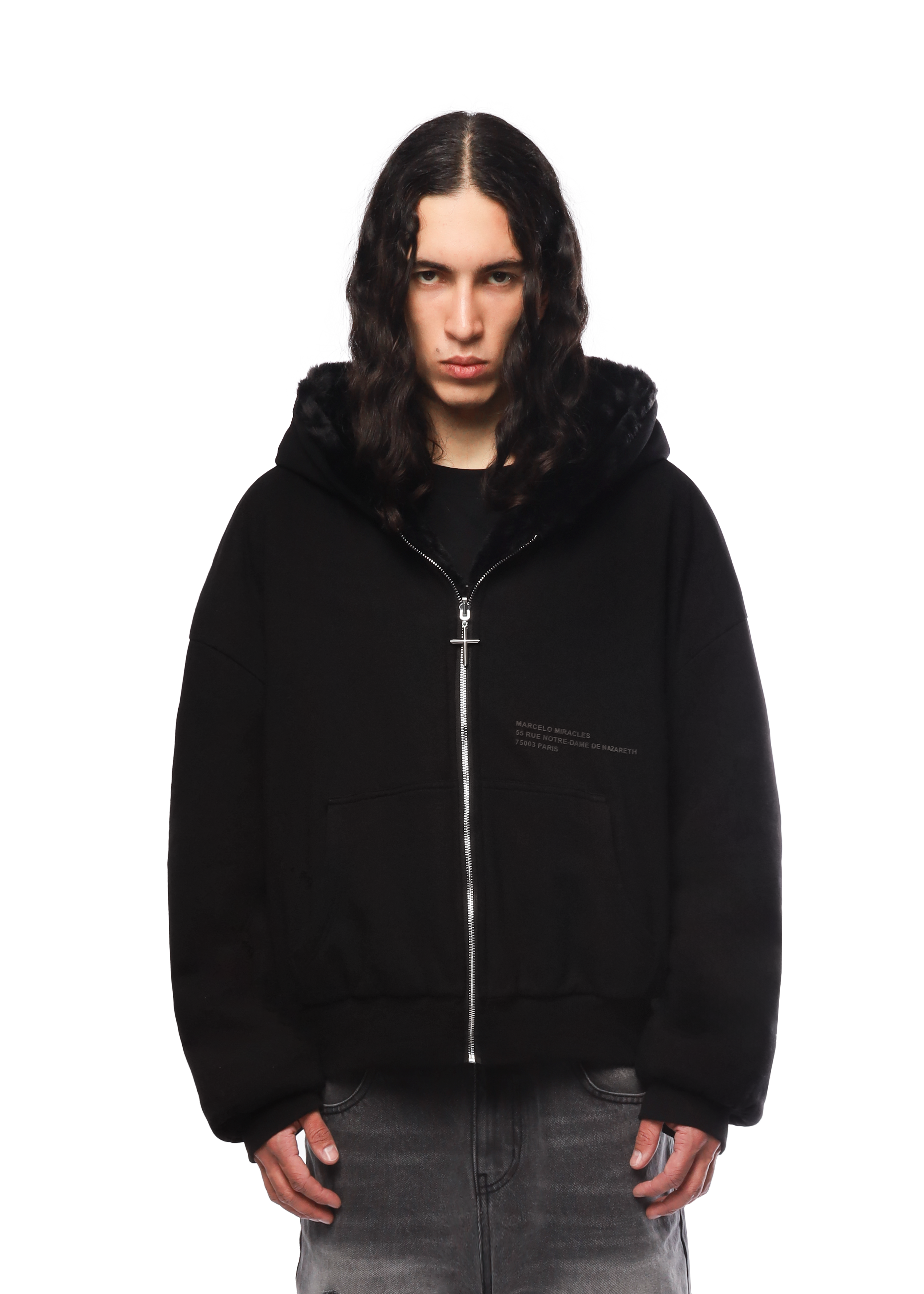 REVERSIBLE FUR ZIP HOODIE in BLACK