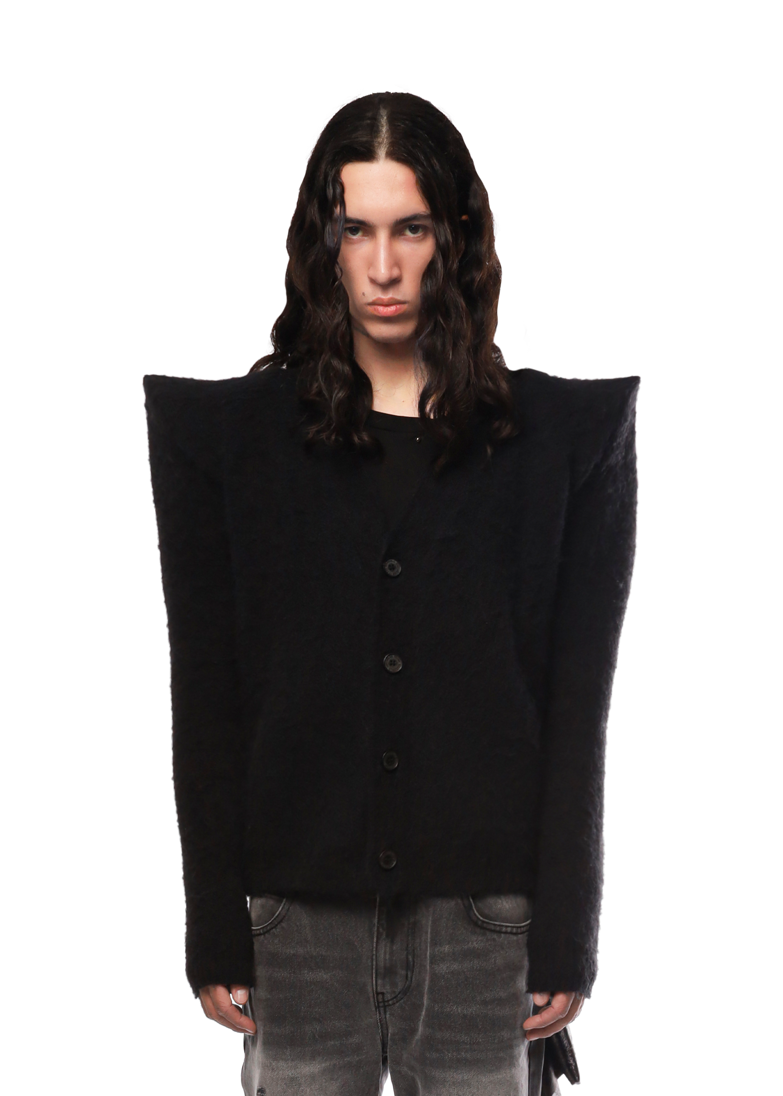 EGO SHOULDER PAD CARDIGAN in BLACK