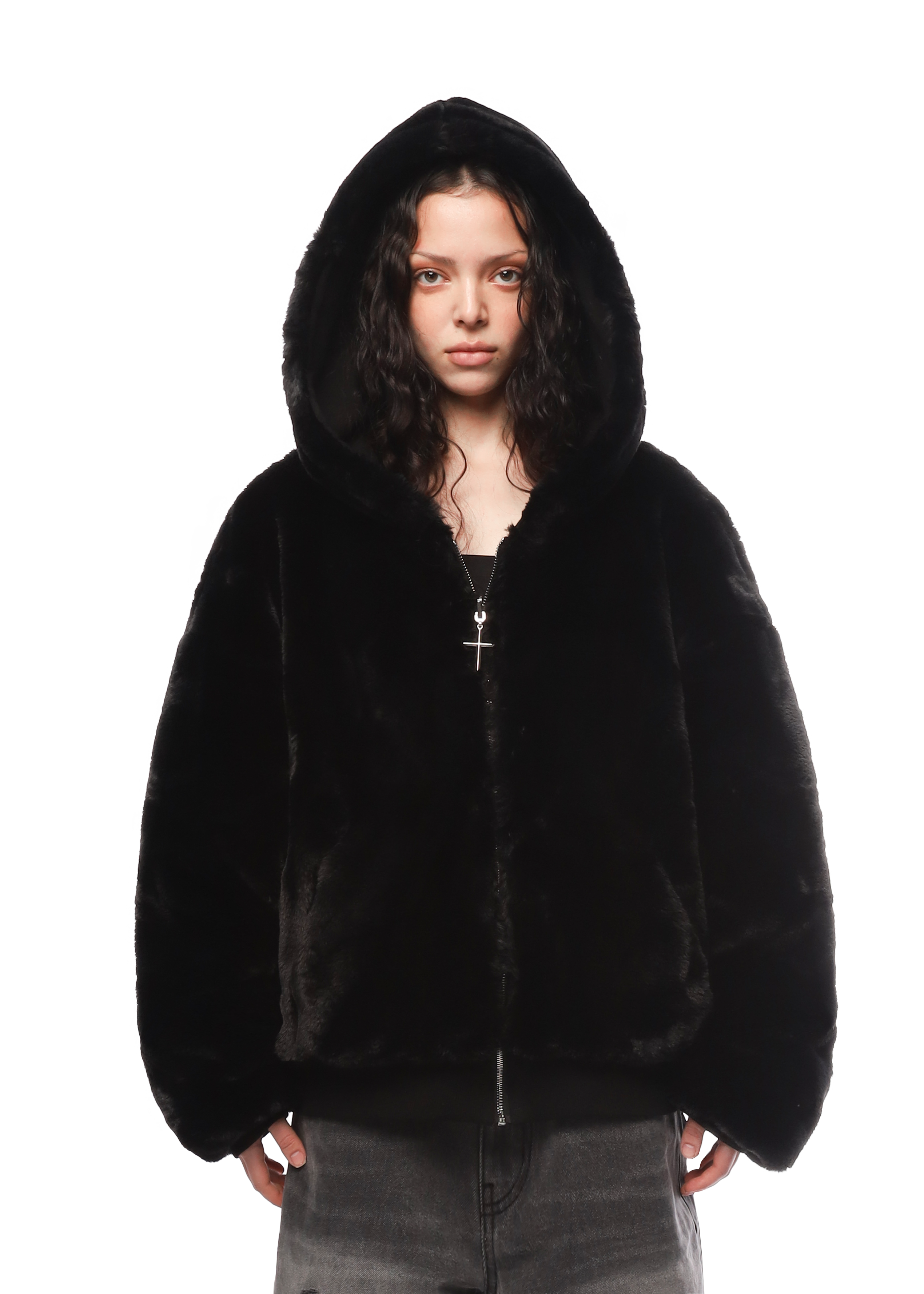 REVERSIBLE FUR ZIP HOODIE in BLACK
