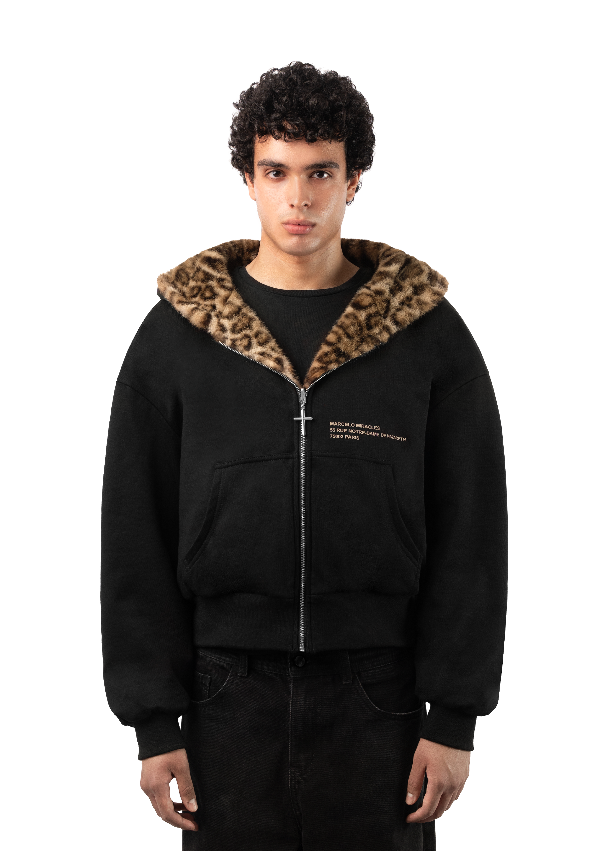 REVERSIBLE FUR ZIP HOODIE in BLACK/BROWN