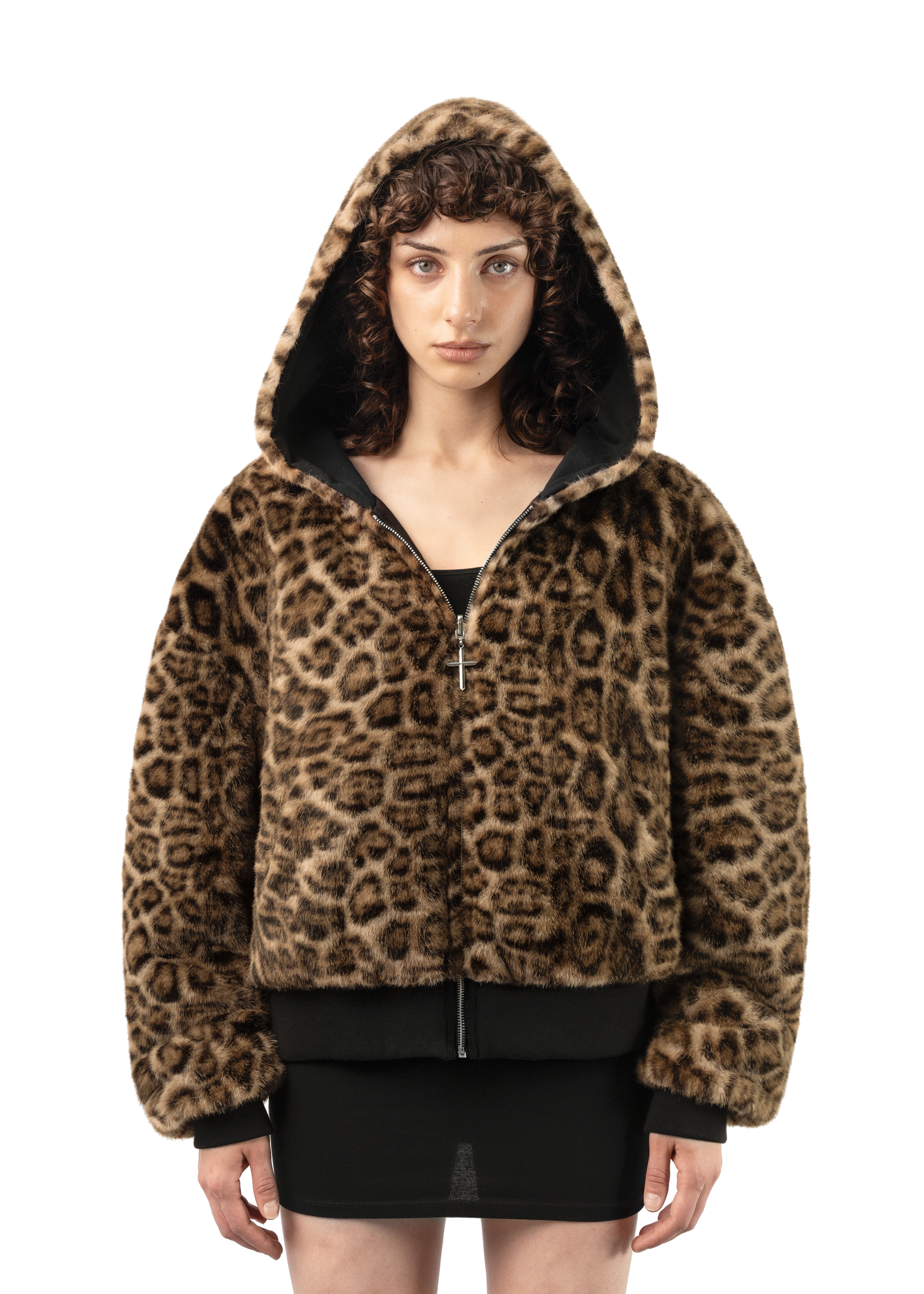 REVERSIBLE FUR ZIP HOODIE in BLACK/BROWN