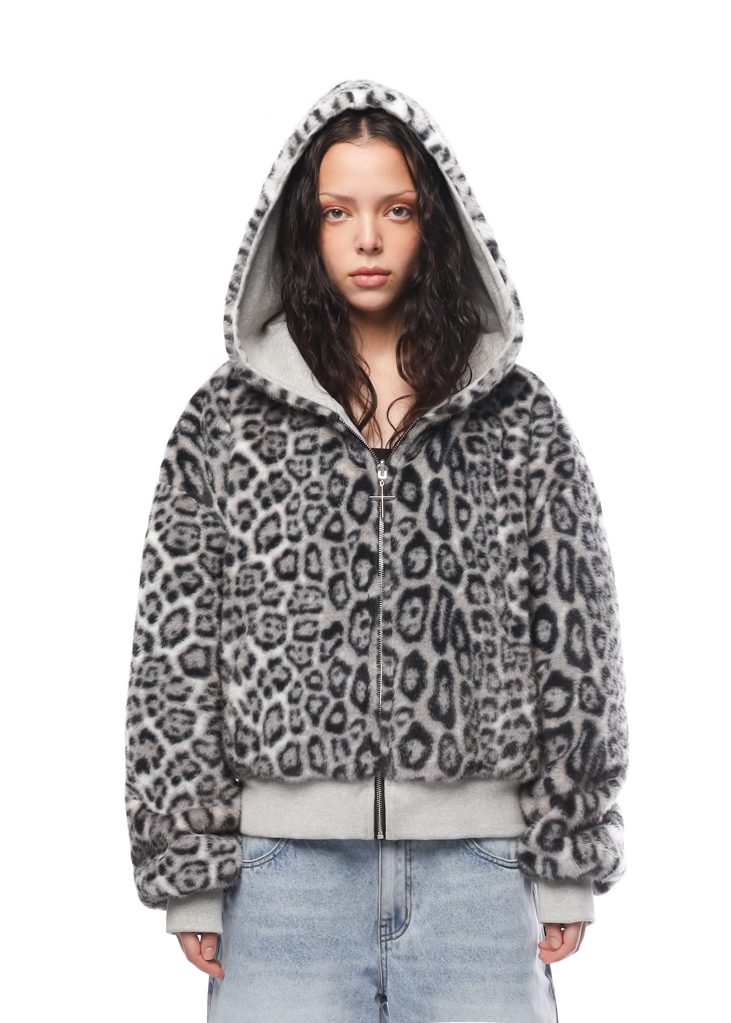 REVERSIBLE FUR ZIP HOODIE in GREY