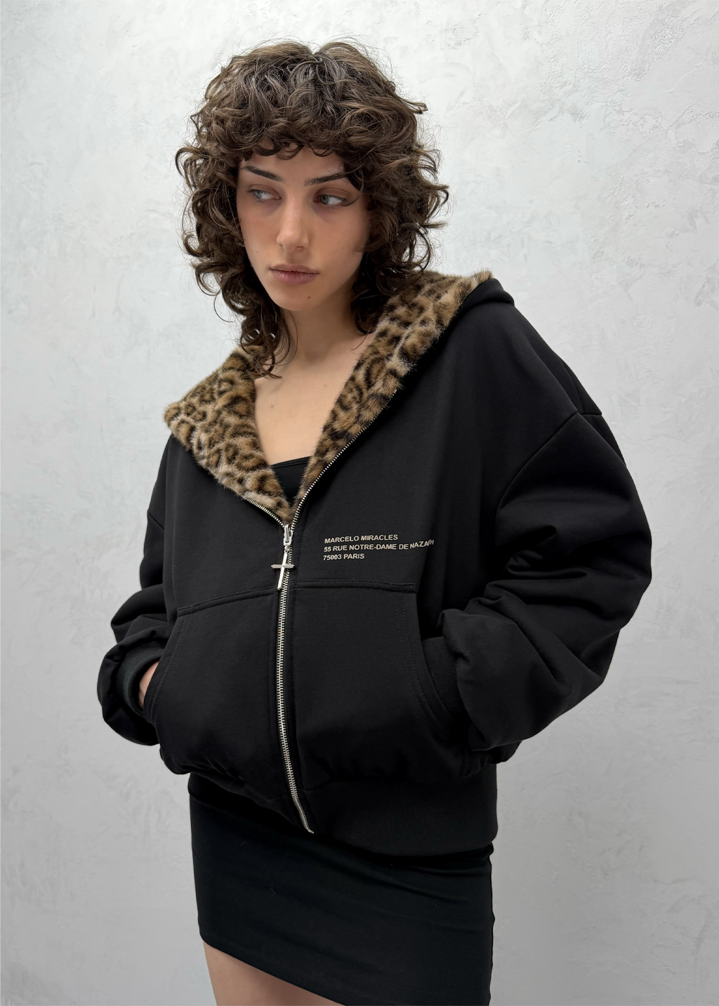 REVERSIBLE FUR ZIP HOODIE in BLACK/BROWN