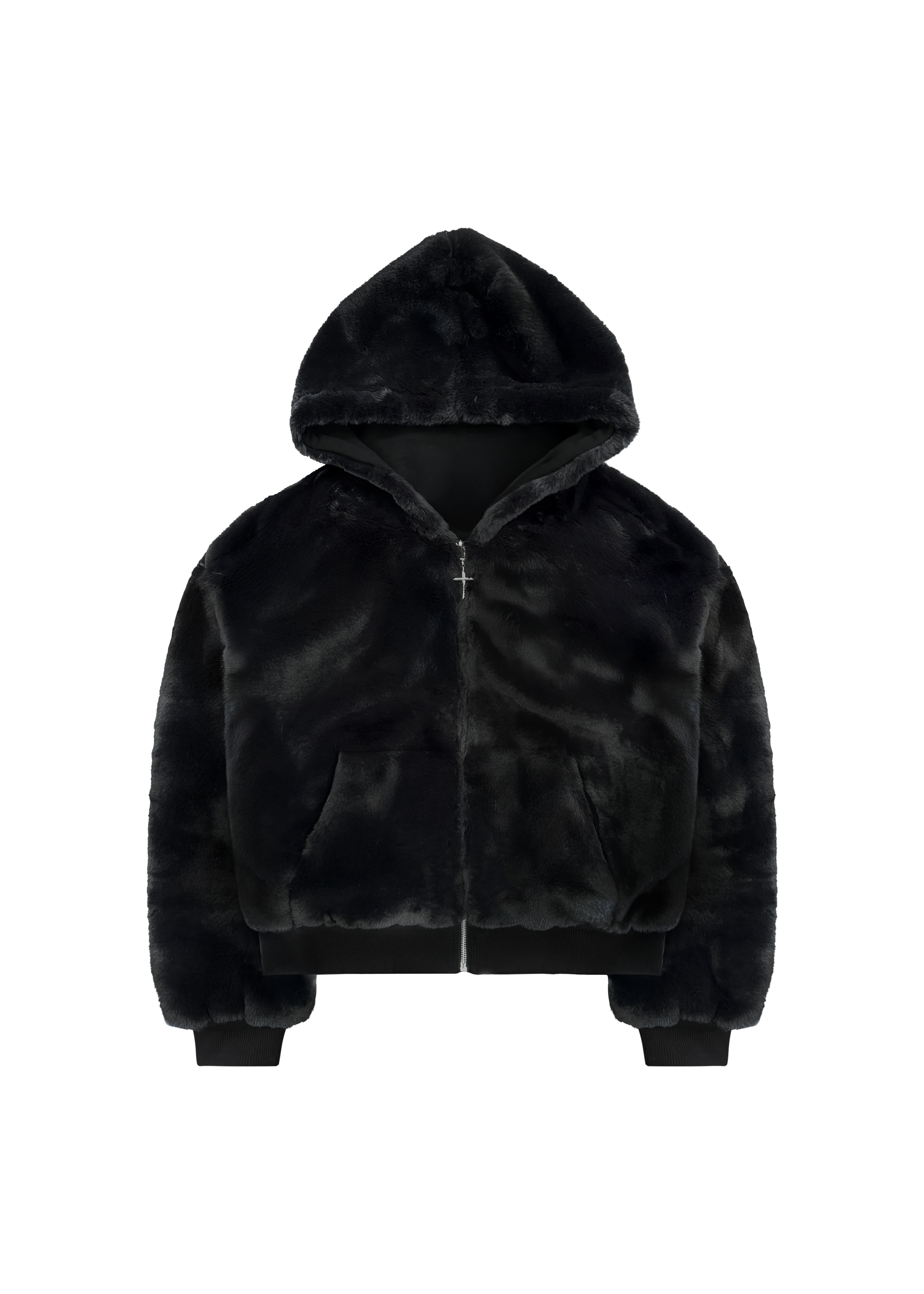 REVERSIBLE FUR ZIP HOODIE in BLACK