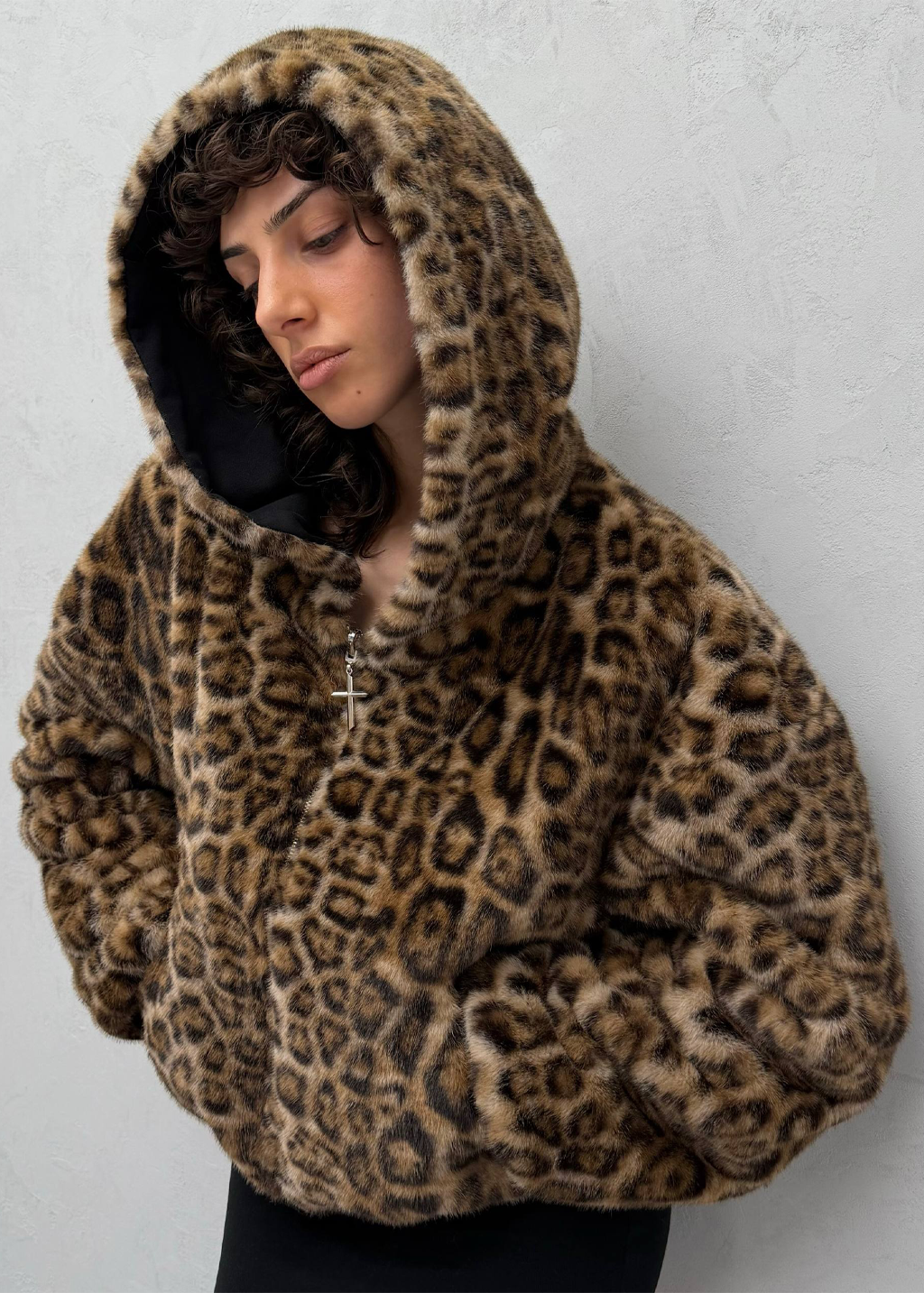 REVERSIBLE FUR ZIP HOODIE in BLACK/BROWN
