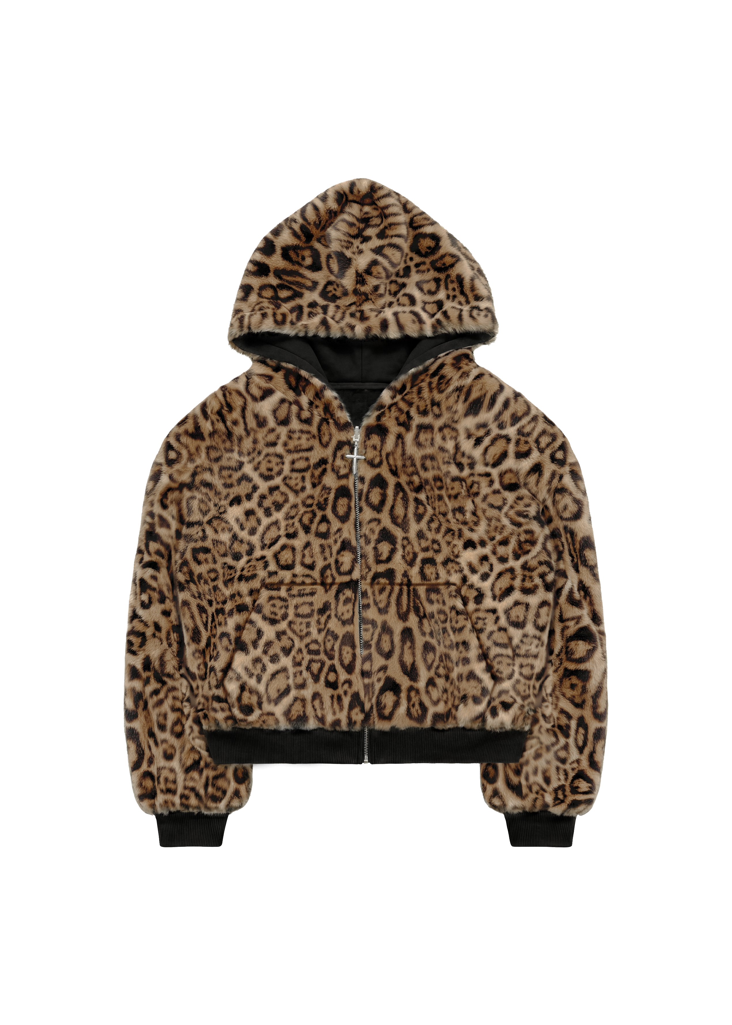 REVERSIBLE FUR ZIP HOODIE in BLACK/BROWN