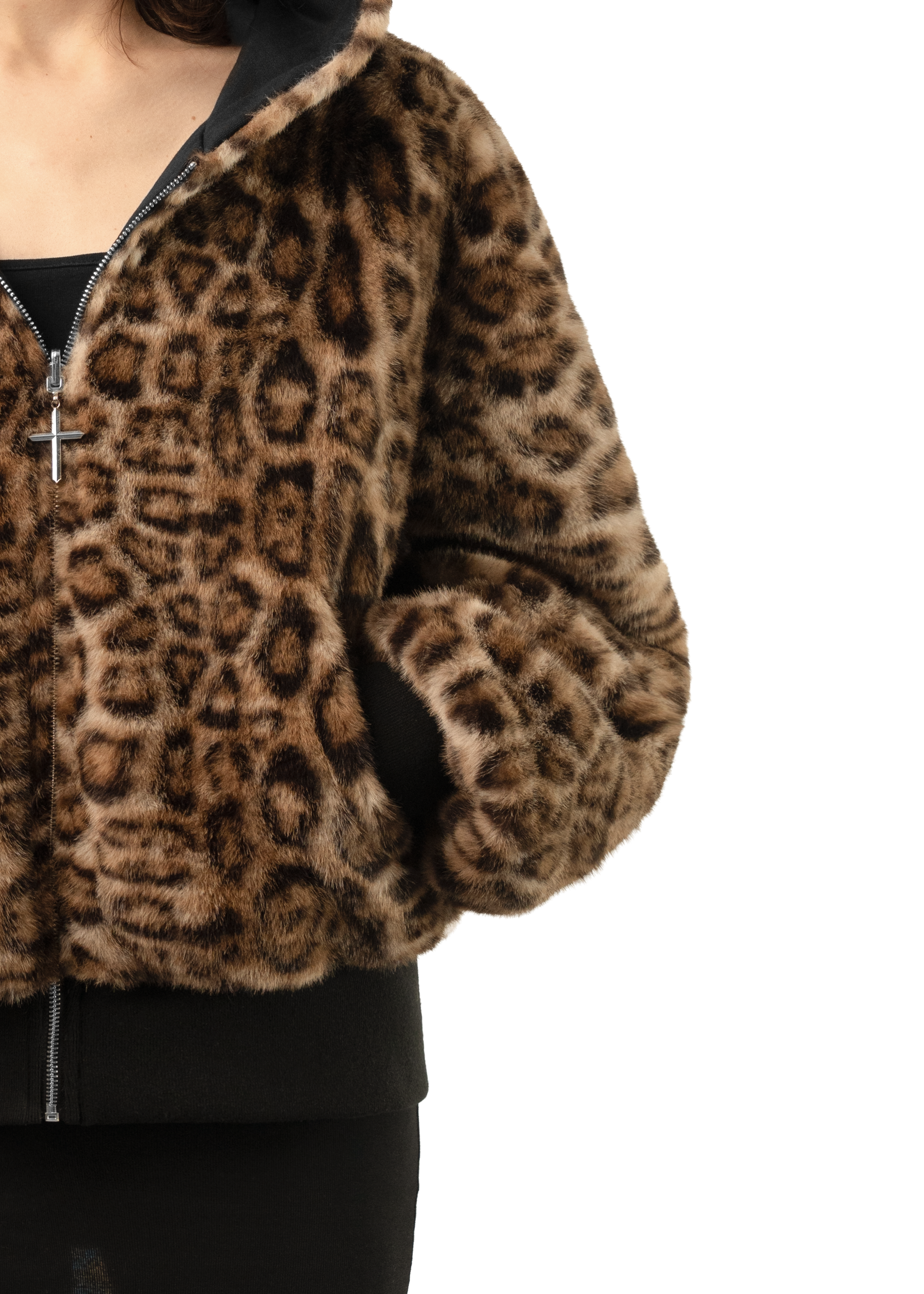REVERSIBLE FUR ZIP HOODIE in BLACK/BROWN
