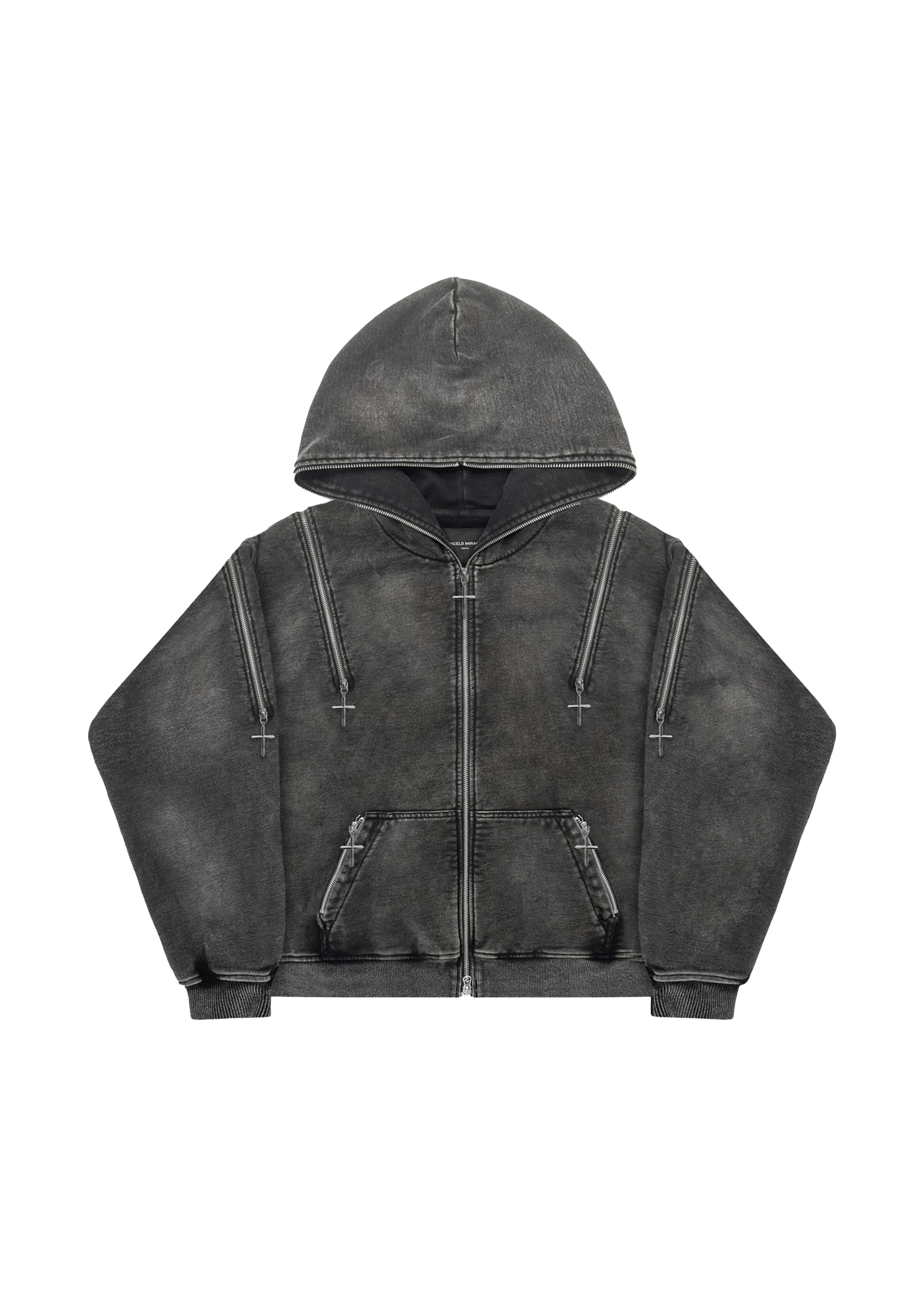 CROSS ZIPPER HOODIE in WASHED GREY