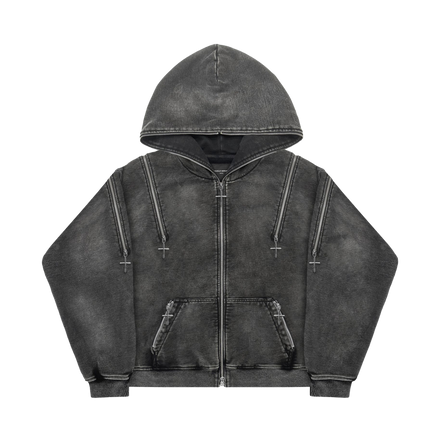 CROSS ZIPPER HOODIE in WASHED GREY