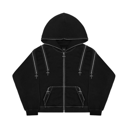 CROSS ZIPPER HOODIE in BLACK